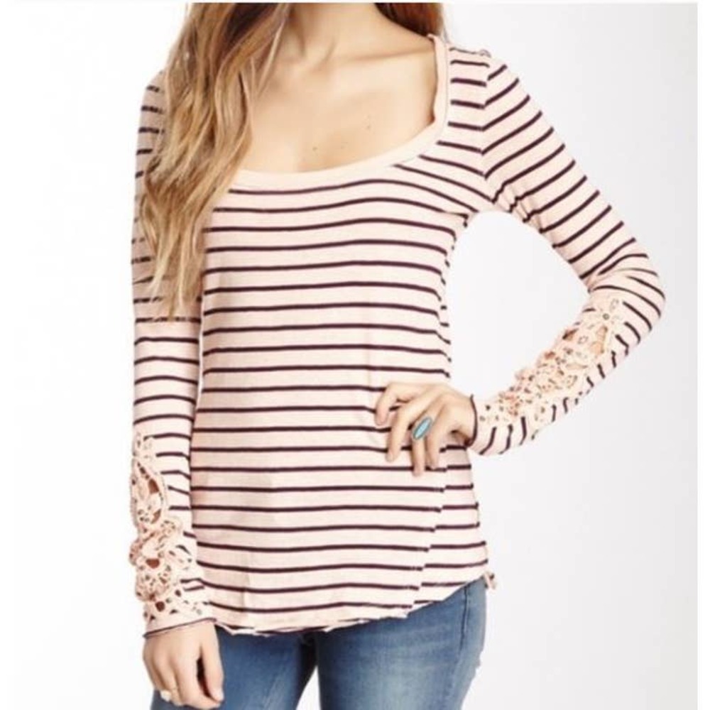 Free People Lace Sleeve Stripe Top